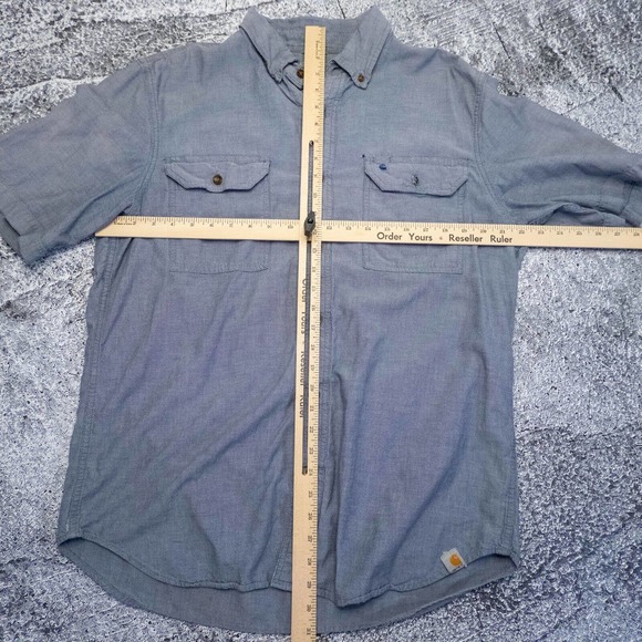 CARHARTT Mens Large Blue Button-up Short Sleeve Work Shirt Pocket workwear - Picture 4 of 11